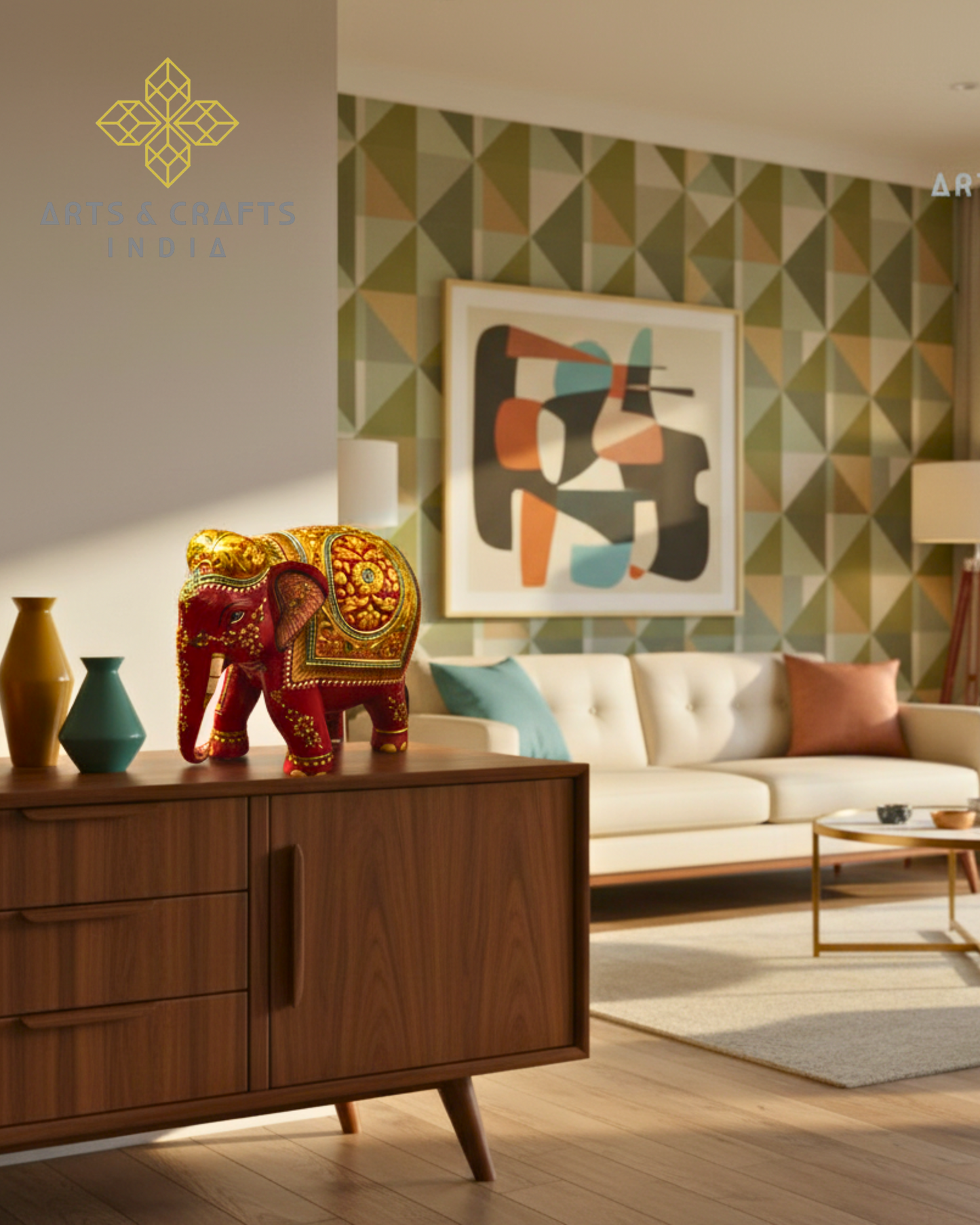 Handcrafted Wooden Elephant with 22ct Gold Leaf Painting – Trunk Down Design – 6x7x4" Decorative Sculpture