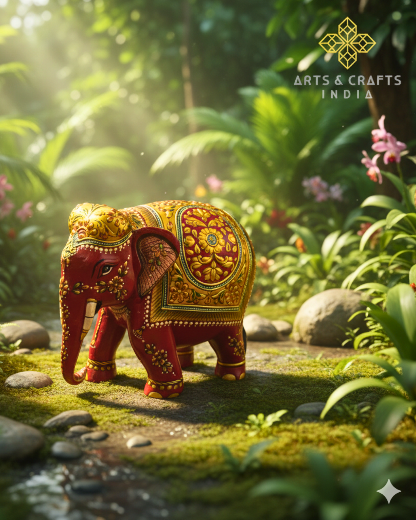 Handcrafted Wooden Elephant with 22ct Gold Leaf Painting – Trunk Down Design – 6x7x4" Decorative Sculpture