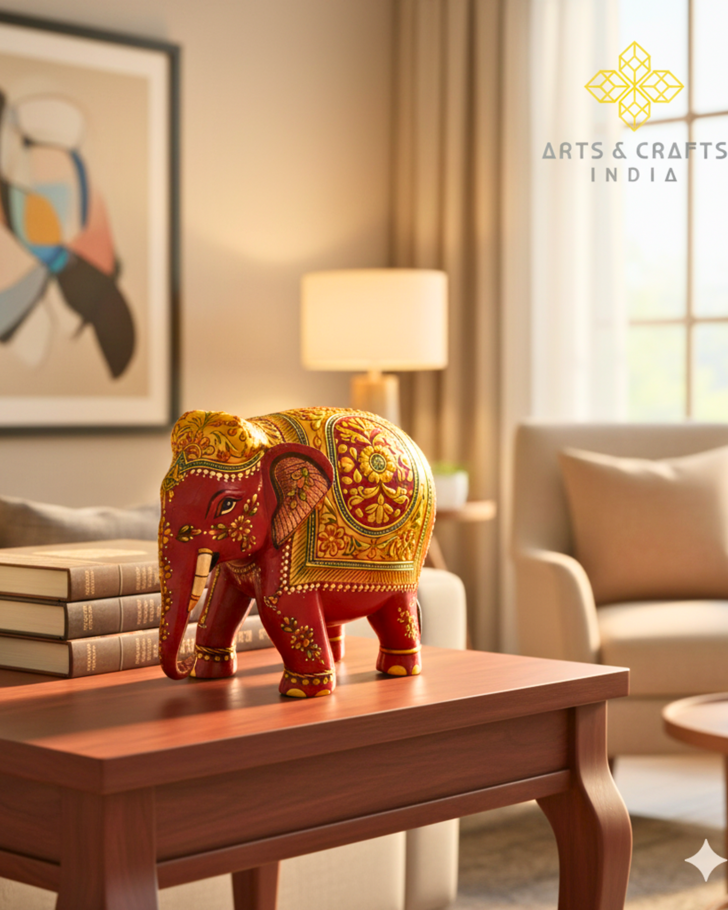 Handcrafted Wooden Elephant with 22ct Gold Leaf Painting – Trunk Down Design – 6x7x4" Decorative Sculpture