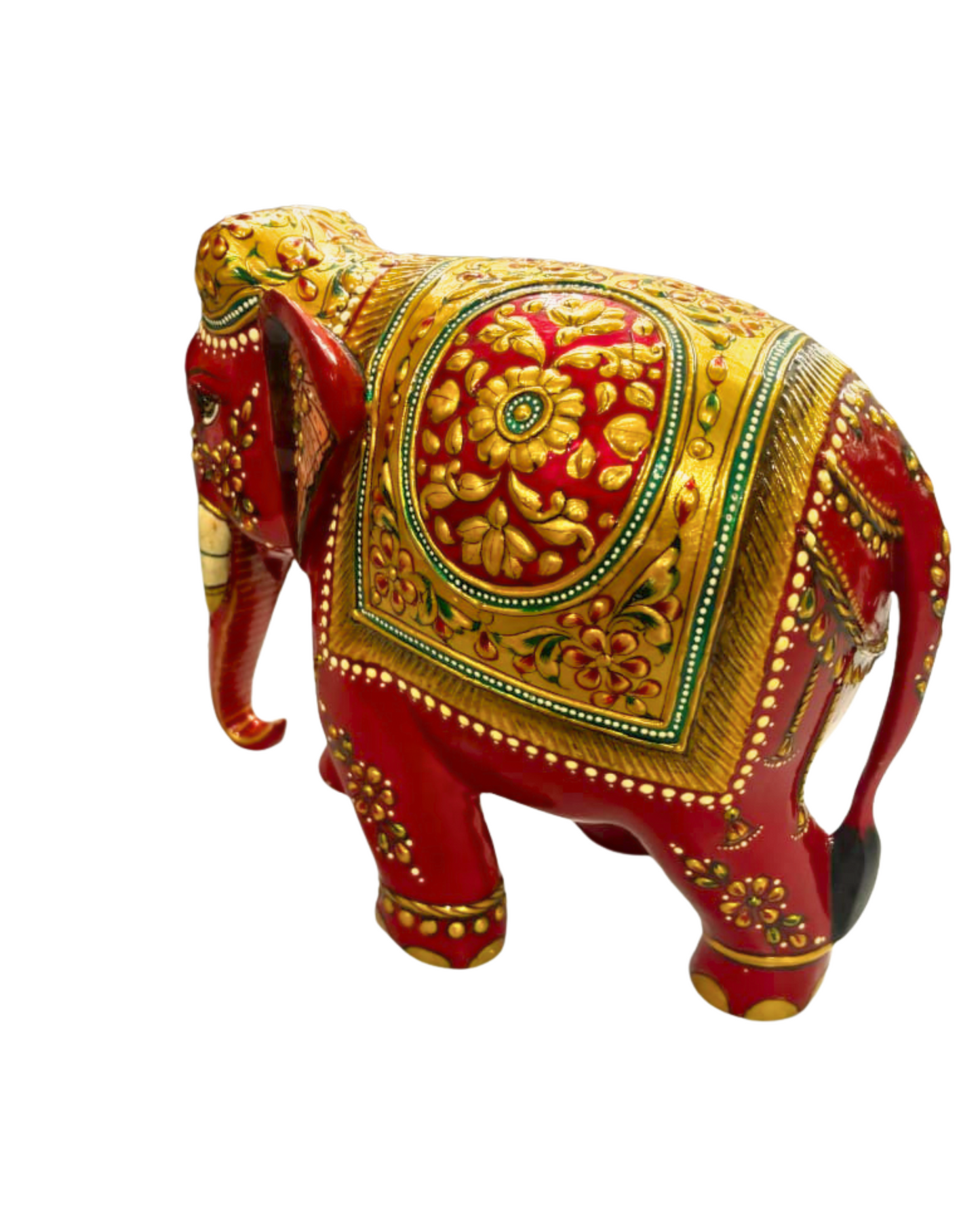 Handcrafted Wooden Elephant with 22ct Gold Leaf Painting – Trunk Down Design – 6x7x4" Decorative Sculpture