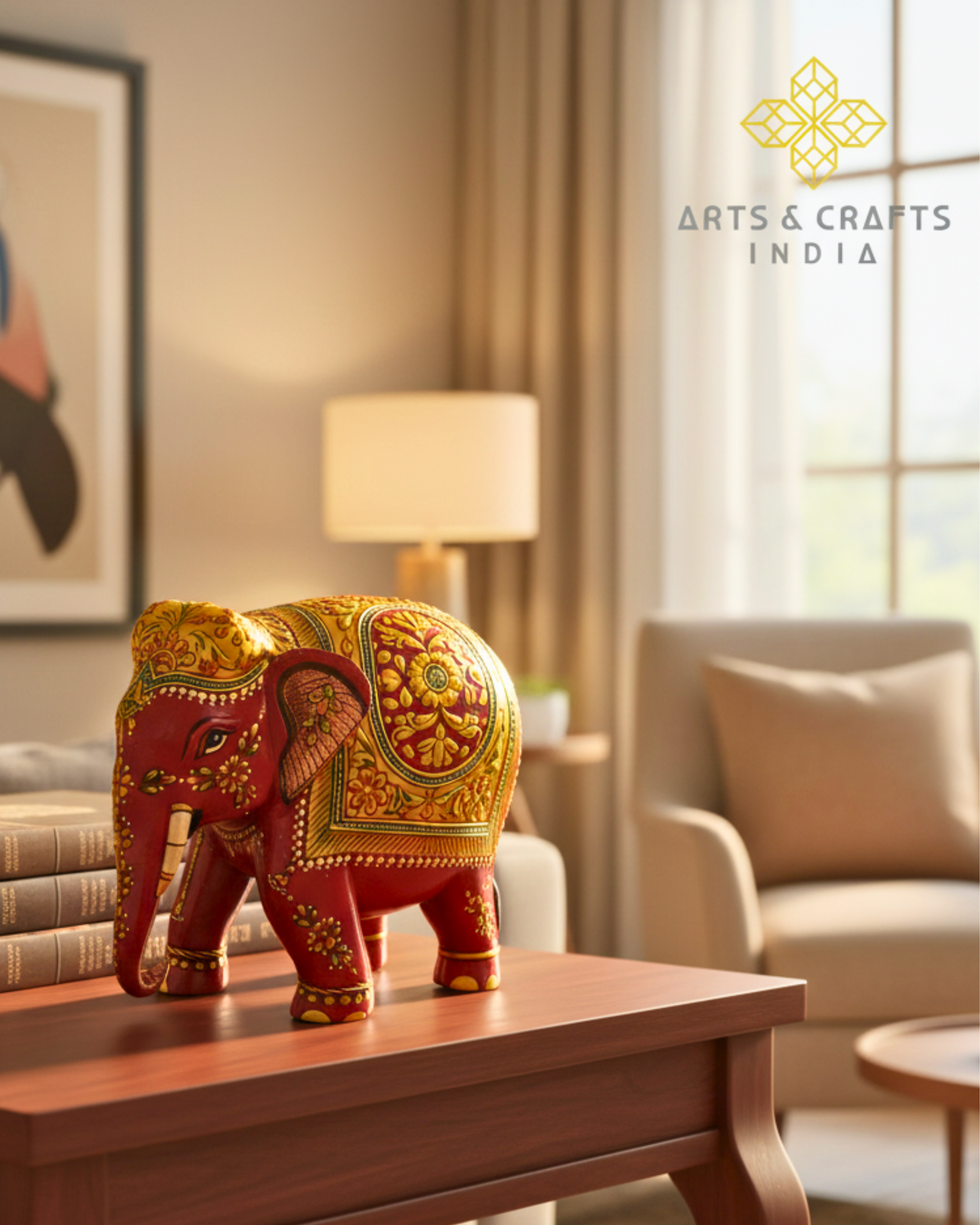 Handcrafted Wooden Elephant with 22ct Gold Leaf Painting – Trunk Down Design – 6x7x4" Decorative Sculpture