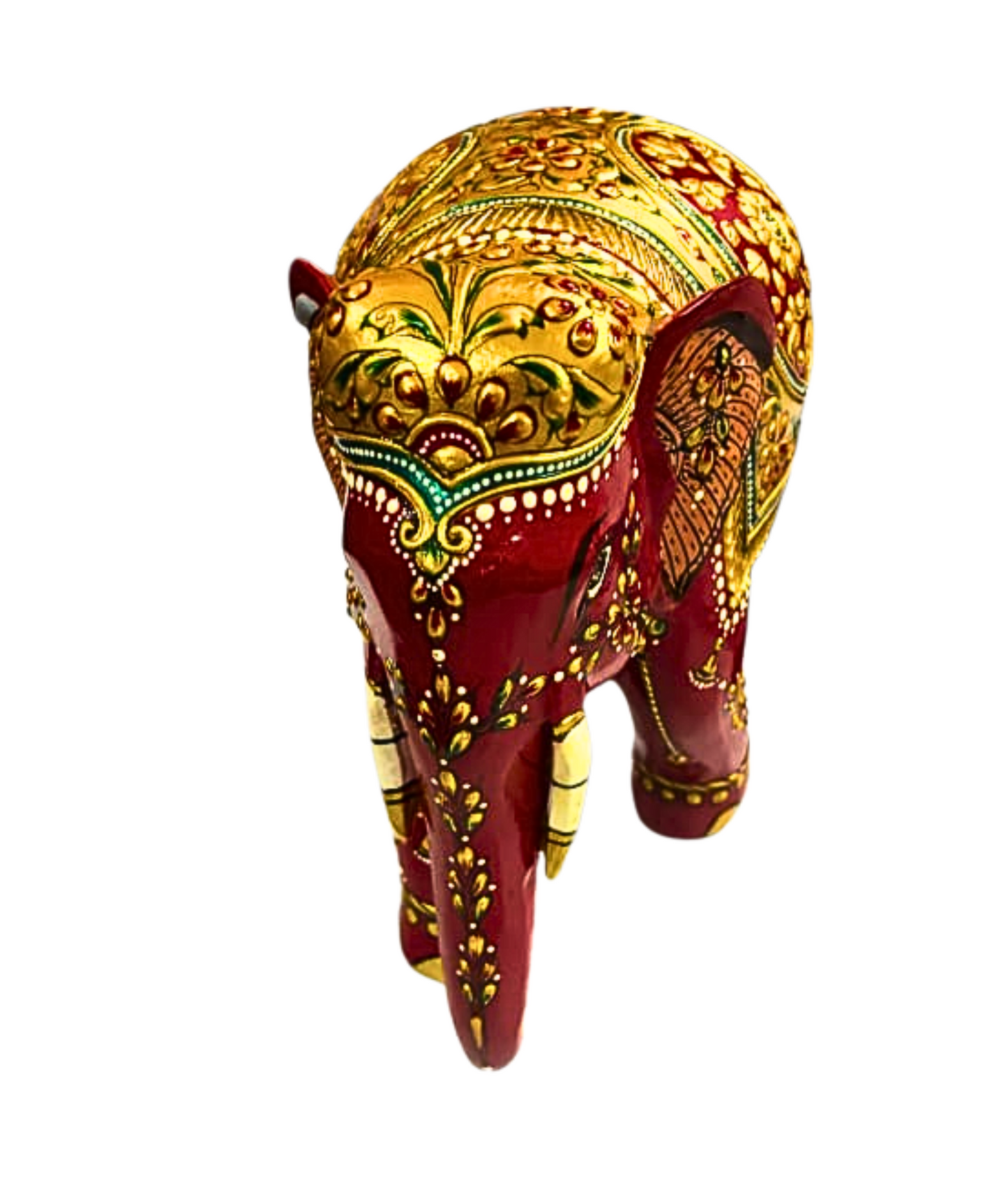Handcrafted Wooden Elephant with 22ct Gold Leaf Painting – Trunk Down Design – 6x7x4" Decorative Sculpture