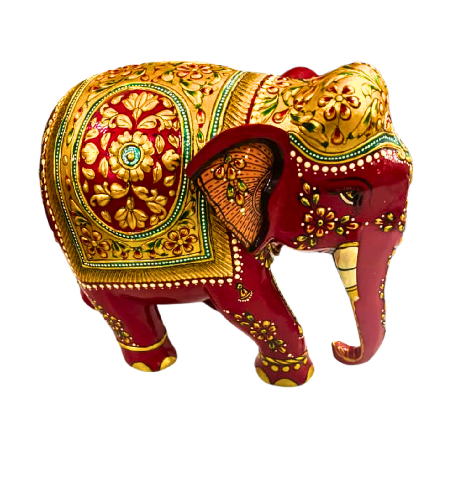 Handcrafted Wooden Elephant with 22ct Gold Leaf Painting – Trunk Down Design – 6x7x4" Decorative Sculpture