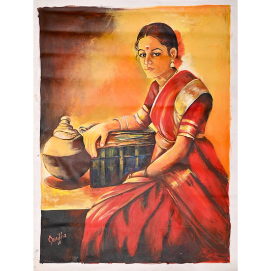 South Indian Lady Sitting with Luggage Canvas Painting 3'x6' - Arts & Crafts