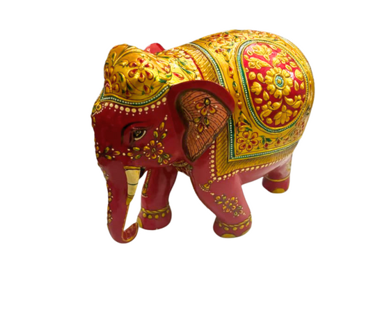 Handcrafted Wooden Elephant with 22ct Gold Leaf Painting – Trunk Down Design – 6x7x4" Decorative Sculpture