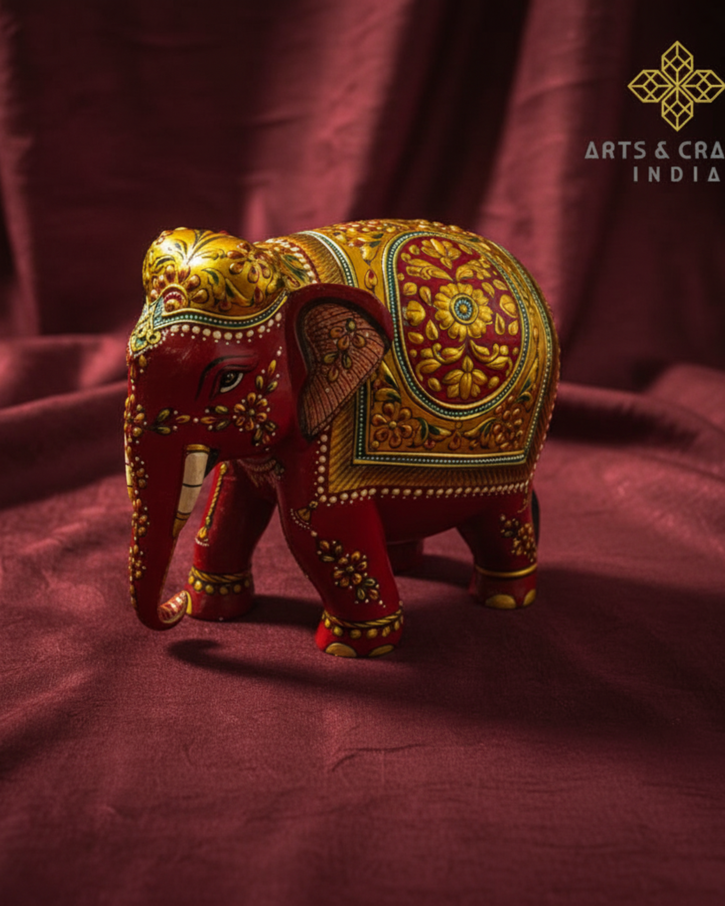 Handcrafted Wooden Elephant with 22ct Gold Leaf Painting – Trunk Down Design – 6x7x4" Decorative Sculpture