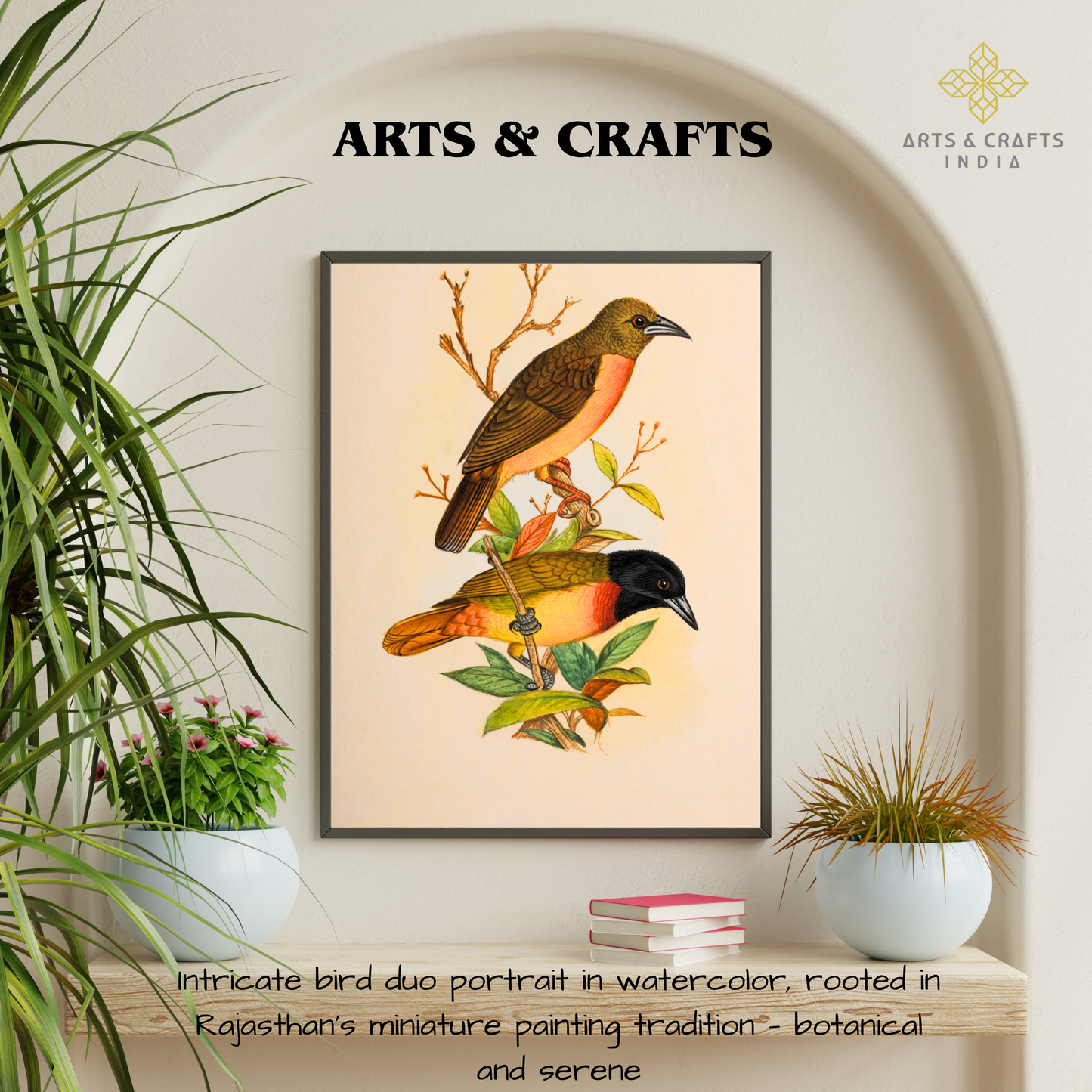 Handmade Bird Painting – Exotic Indian Lovebirds on Branch – Nature Wall Art (10x8”)