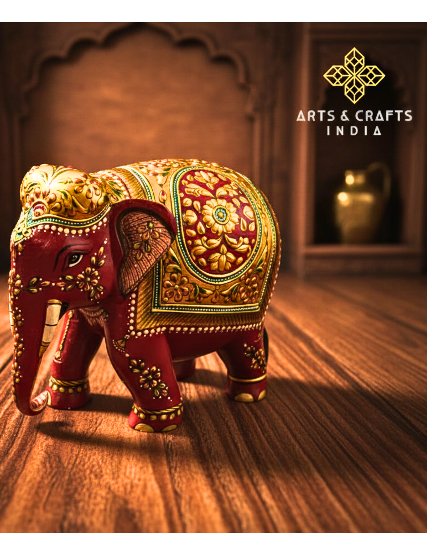 Handcrafted Wooden Elephant with 22ct Gold Leaf Painting – Trunk Down Design – 6x7x4" Decorative Sculpture