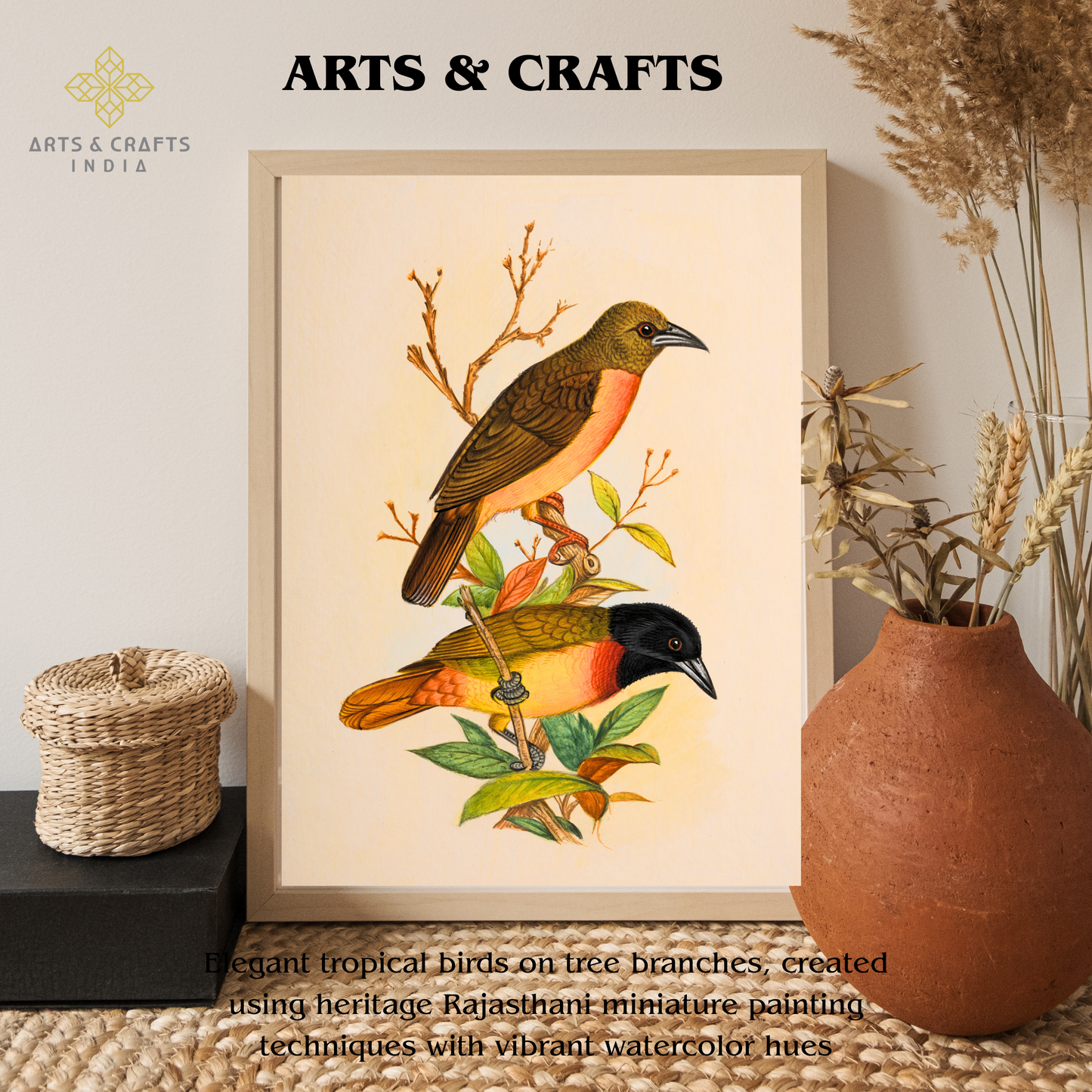 Handmade Bird Painting – Exotic Indian Lovebirds on Branch – Nature Wall Art (10x8”)