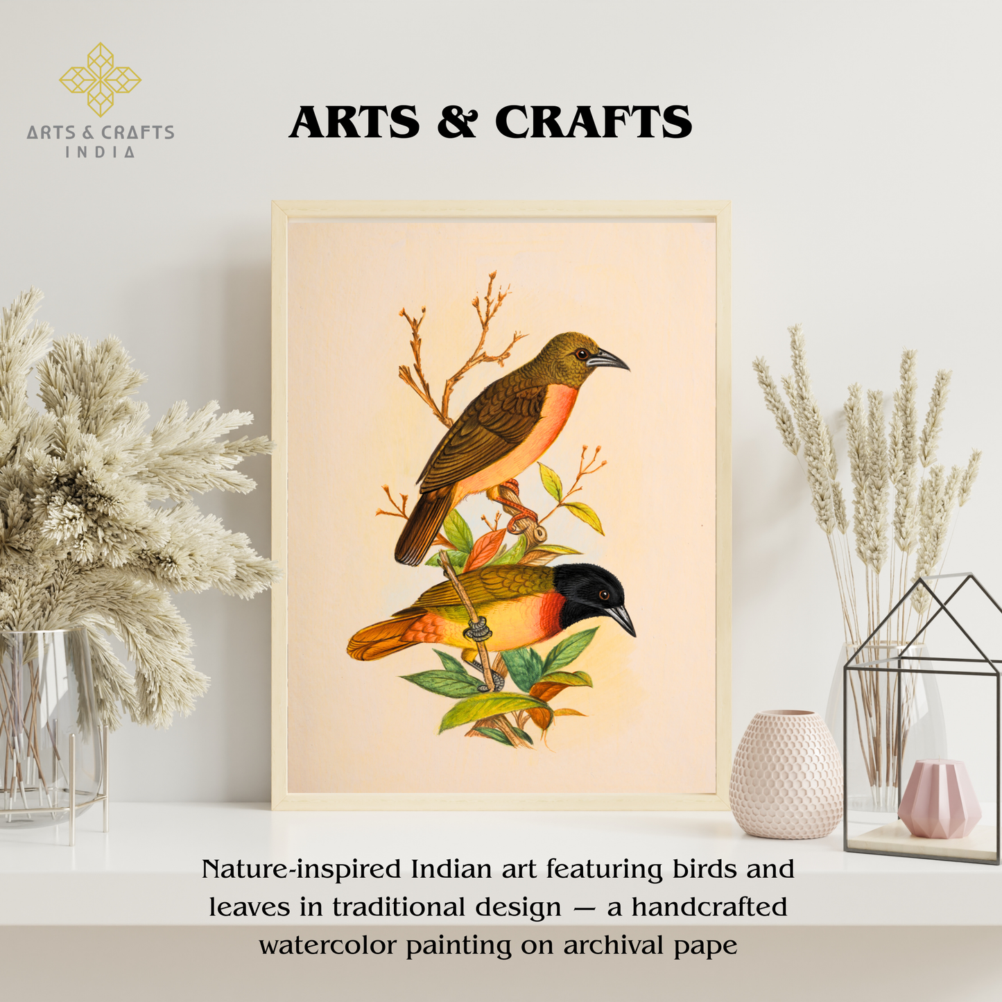 Handmade Bird Painting – Exotic Indian Lovebirds on Branch – Nature Wall Art (10x8”)