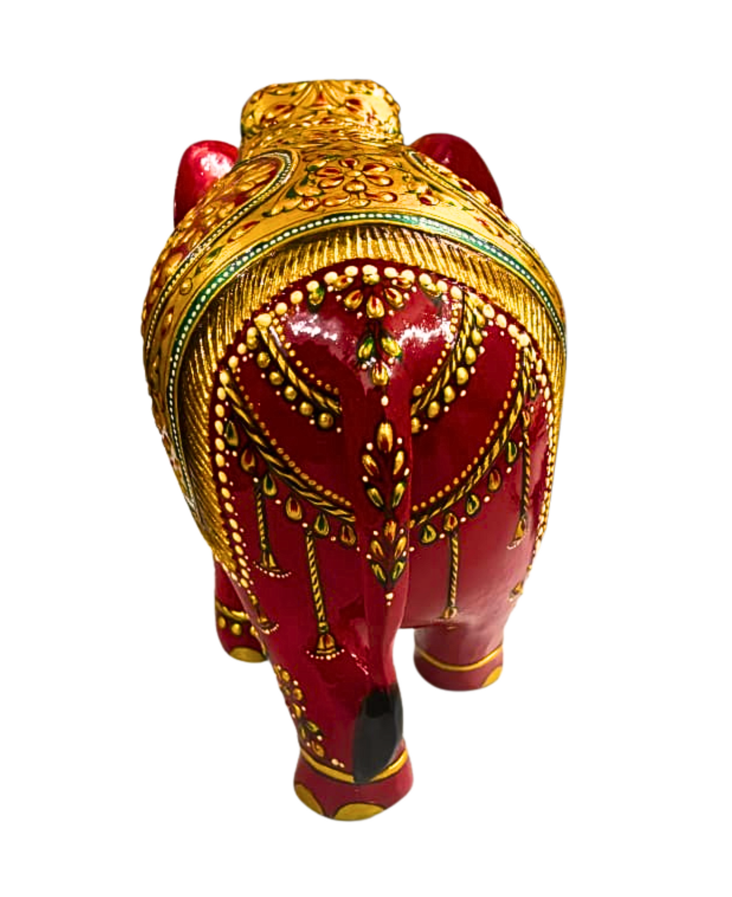 Handcrafted Wooden Elephant with 22ct Gold Leaf Painting – Trunk Down Design – 6x7x4" Decorative Sculpture