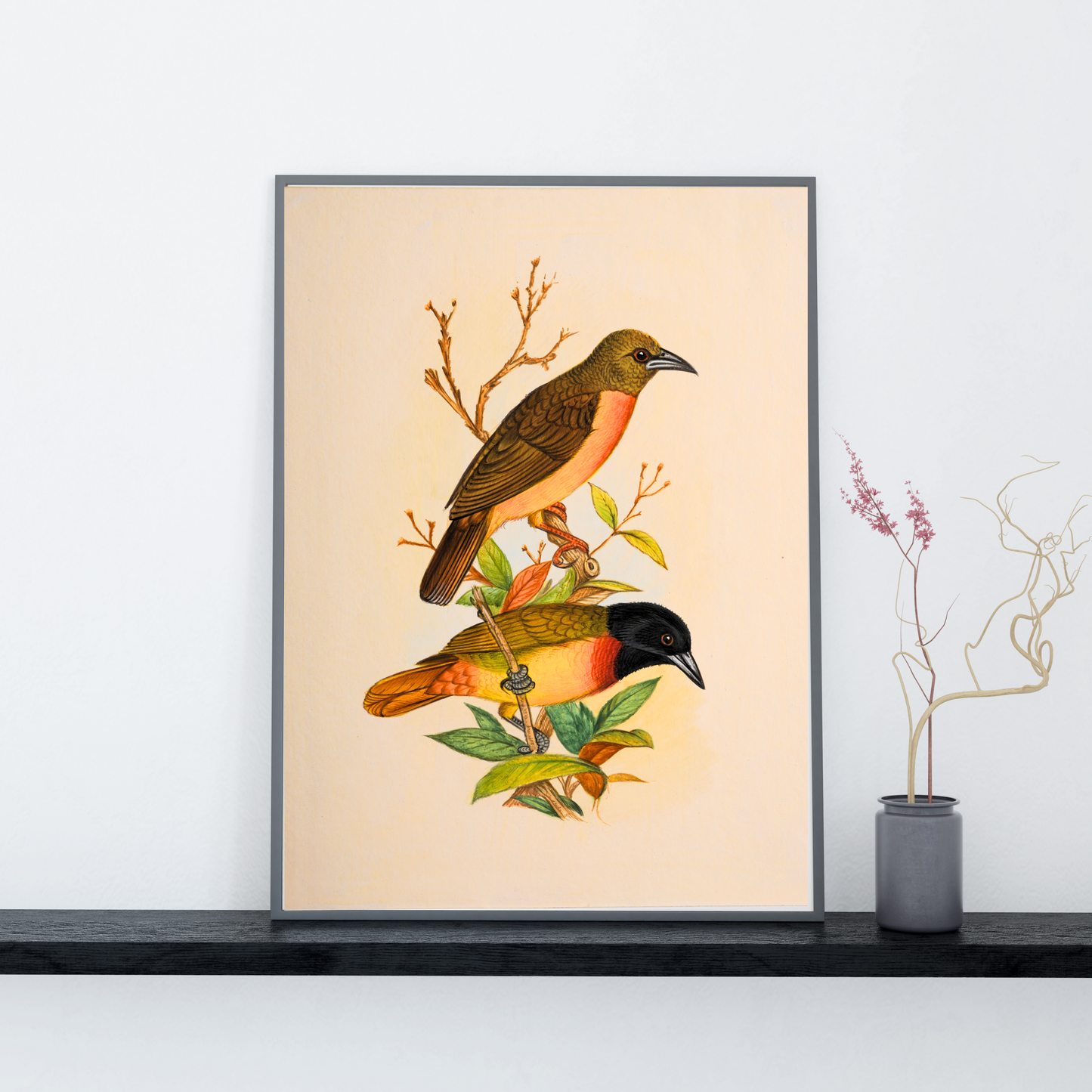 Handmade Bird Painting – Exotic Indian Lovebirds on Branch – Nature Wall Art (10x8”)