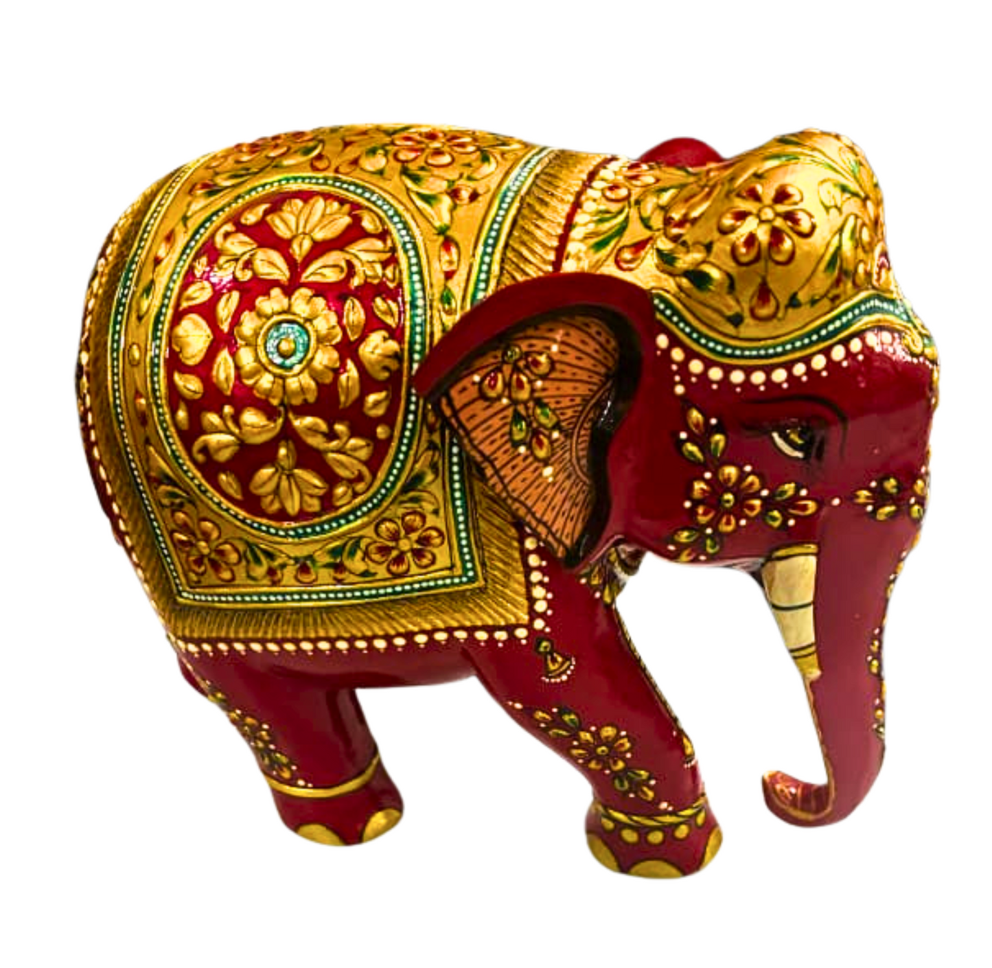 Handcrafted Wooden Elephant with 22ct Gold Leaf Painting – Trunk Down Design – 6x7x4" Decorative Sculpture