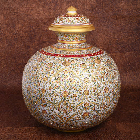 ARTS & CRAFTS MARBLE JAL KALASH / DECORATIVE PIECE WITH LID  & MEENAKARI WORK 24CRT REAL GOLD HANDPAINTED - Arts & Crafts