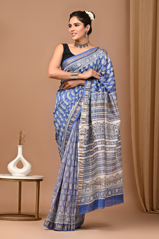 Elegant Blue and Silver Handwoven Silk Saree with Intricate Patterns - Perfect for Weddings and Festivals