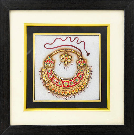 ARTS & CRAFTS WHITE Marble 24CRTS GOLD PAINTED RED AND GOLDEN COLOUR necklace JEWELLERY PAINTING IN POTRAIT FRAME - Arts & Crafts